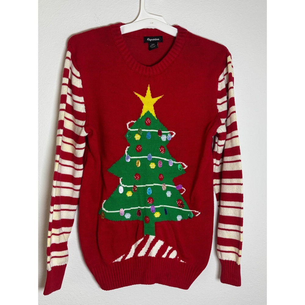 Repartee Christmas Tree Sequin Sweater Red Striped Sleeve Holiday Mens Small/Med